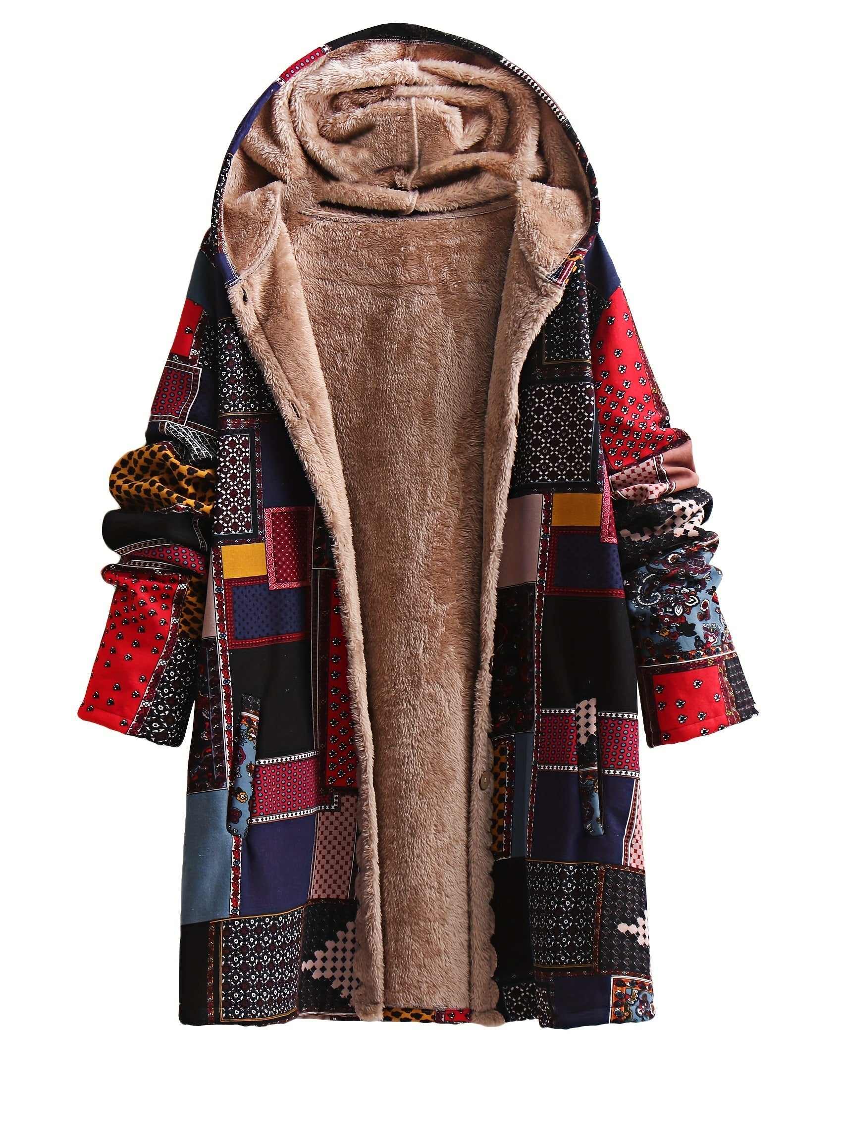 Anneli - Boho Plus Patchwork Print Coat med fickor