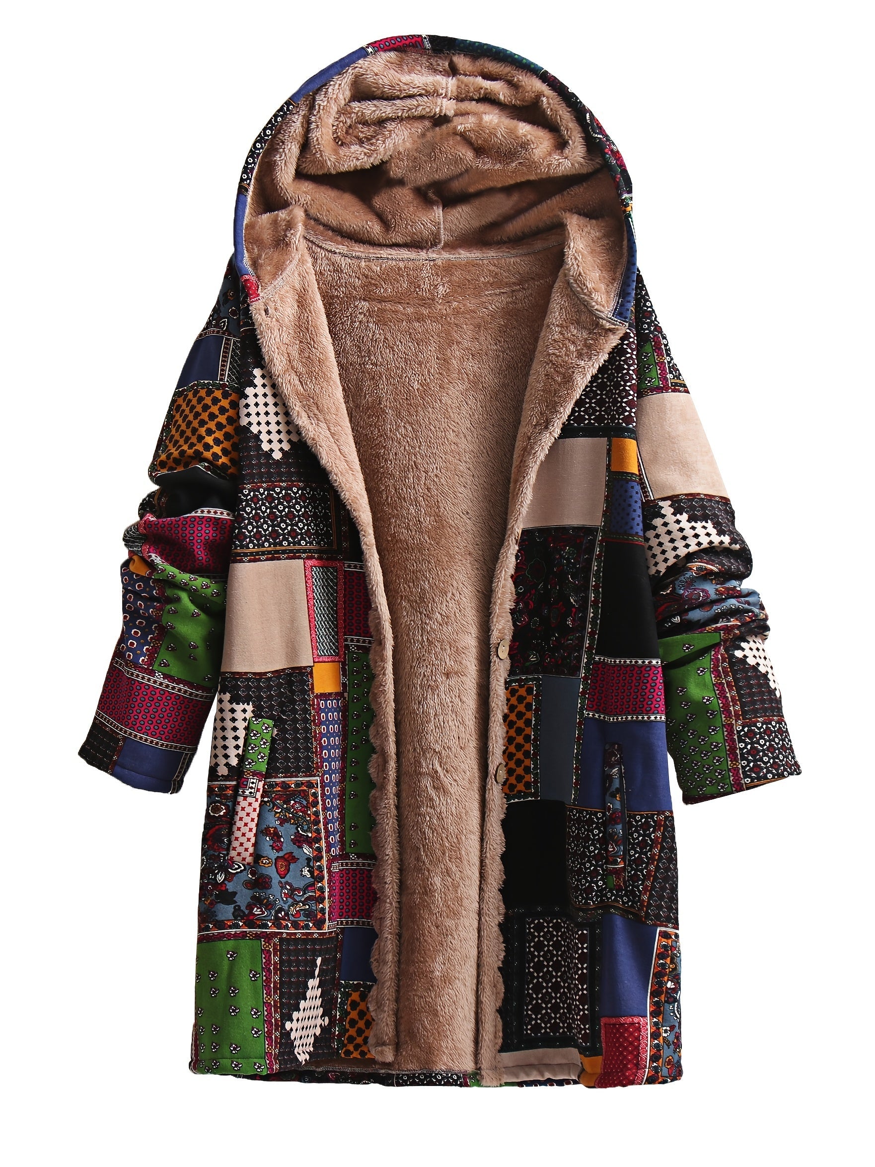 Anneli - Boho Plus Patchwork Print Coat med fickor